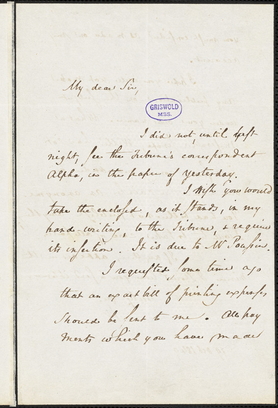 Horace Binney Wallace autograph letter signed, 19 October 1849