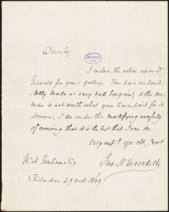 Horace Binney Wallace, Philadelphia, PA., autograph letter signed to George R. Graham, 29 October 1849