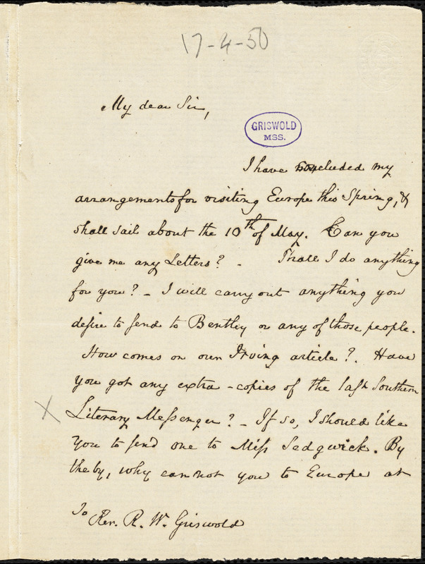 Horace Binney Wallace autograph letter signed to R. W. Griswold, 17 April 1850