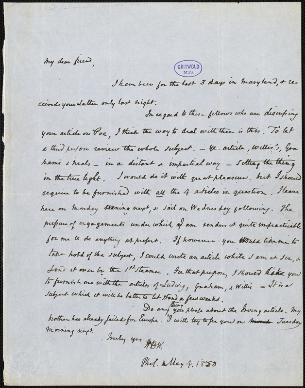 Horace Binney Wallace, Philadelphia, PA., autograph letter signed to [R. W. Griswold], 4 May 1850