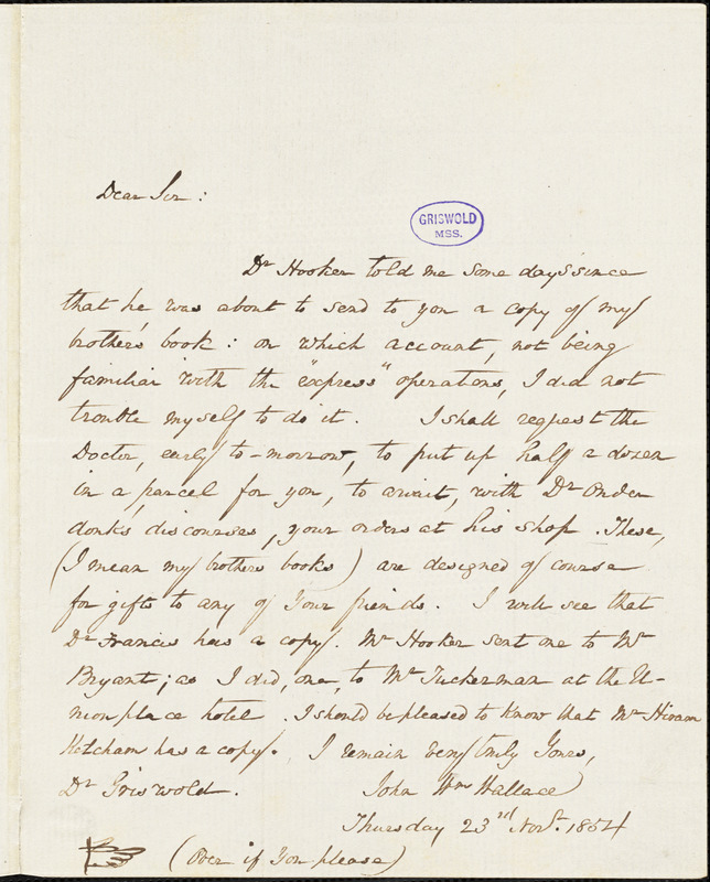 John William Wallace autograph letter signed to R. W. Griswold, 23 November 1854