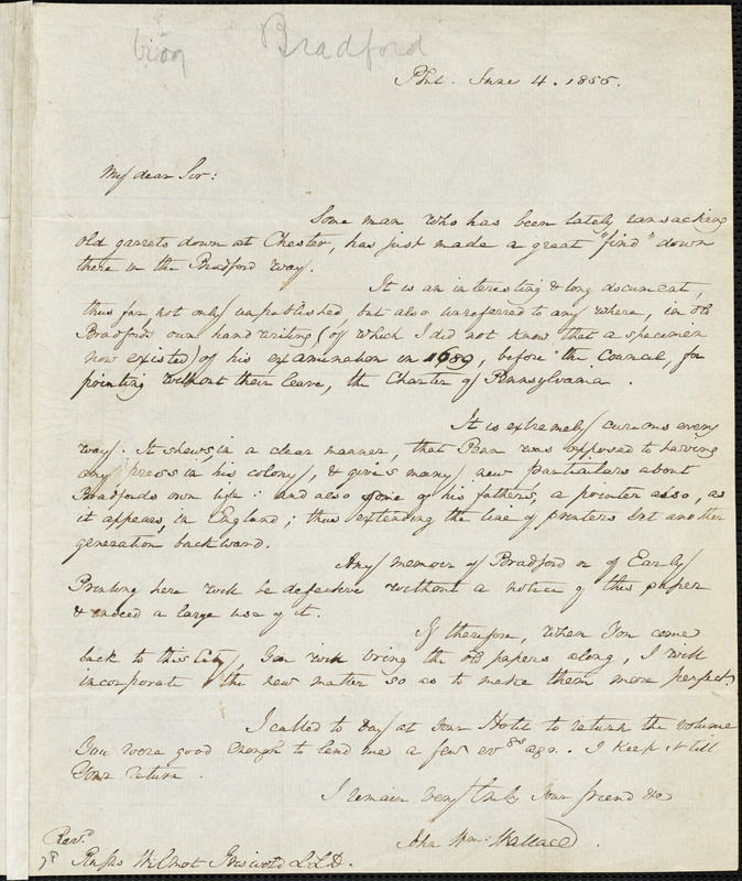 John William Wallace, Philadelphia, PA., autograph letter signed to R. W. Griswold, 4 June 1855