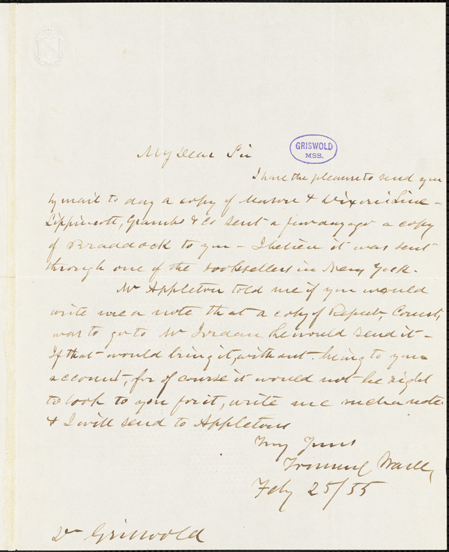 Townsend Ward autograph letter signed to R. W. Griswold, 25 February 1855