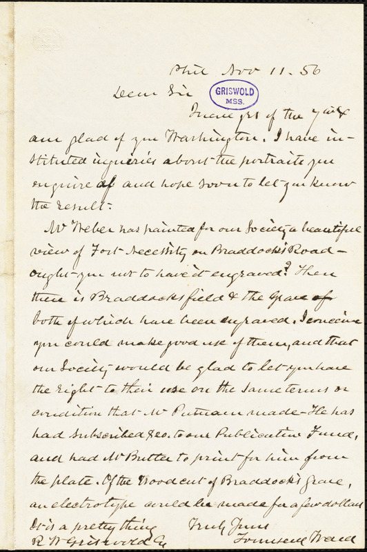 Townsend Ward, Philadelphia, PA., autograph letter signed to R. W. Griswold, 11 November 1856