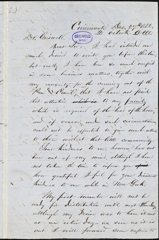 William Wallace Warden, Cincinnati, (OH), autograph letter signed to R. W. Griswold, 27 December 1852