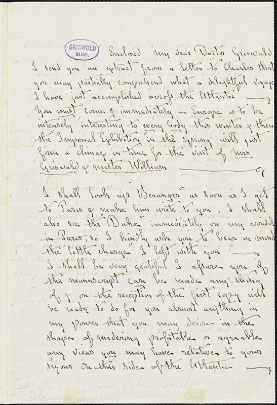 Anna Maria Katherine Ware, London, (Eng), autograph letter signed to R. W. Griswold, 12 August [1854?]