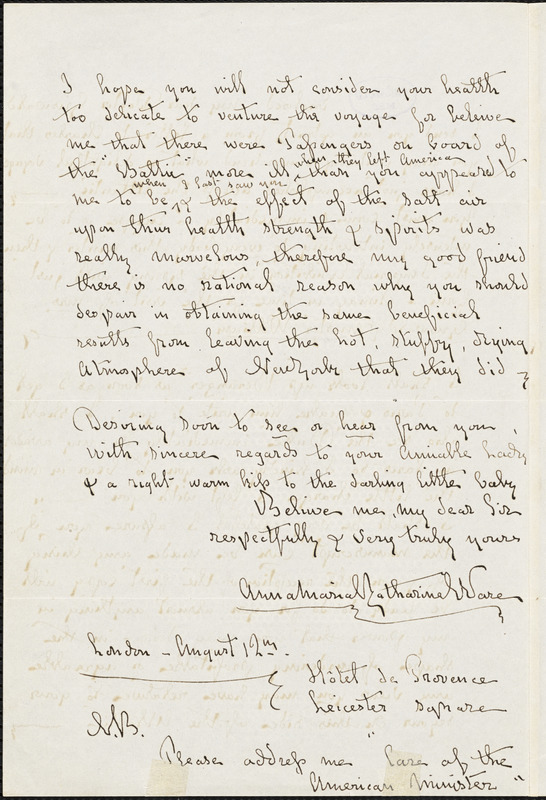 Anna Maria Katherine Ware, London, (Eng), autograph letter signed to R. W. Griswold, 12 August [1854?]