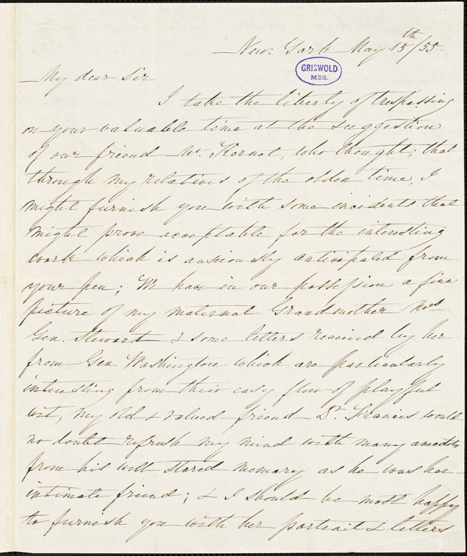 Angelica (Church) Warren, New York, autograph letter signed to R. W. Griswold, 15 May 1855