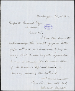 Daniel Webster, Washington, DC., autograph letter signed to R. W. Griswold, 16 February 1852