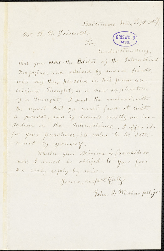 John F. Weishampel Jr., Baltimore, MD., autograph letter signed to R. W. Griswold, 5 September 1851