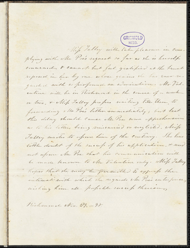 Susan Archer (Talley) Weiss, Richmond, VA., autograph letter to Edgar A. Poe, 29 November 1848