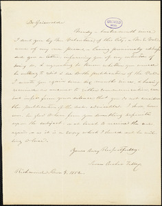 Susan Archer (Talley) Weiss, Richmond, VA., autograph letter signed to R. W. Griswold, 4 November 1852