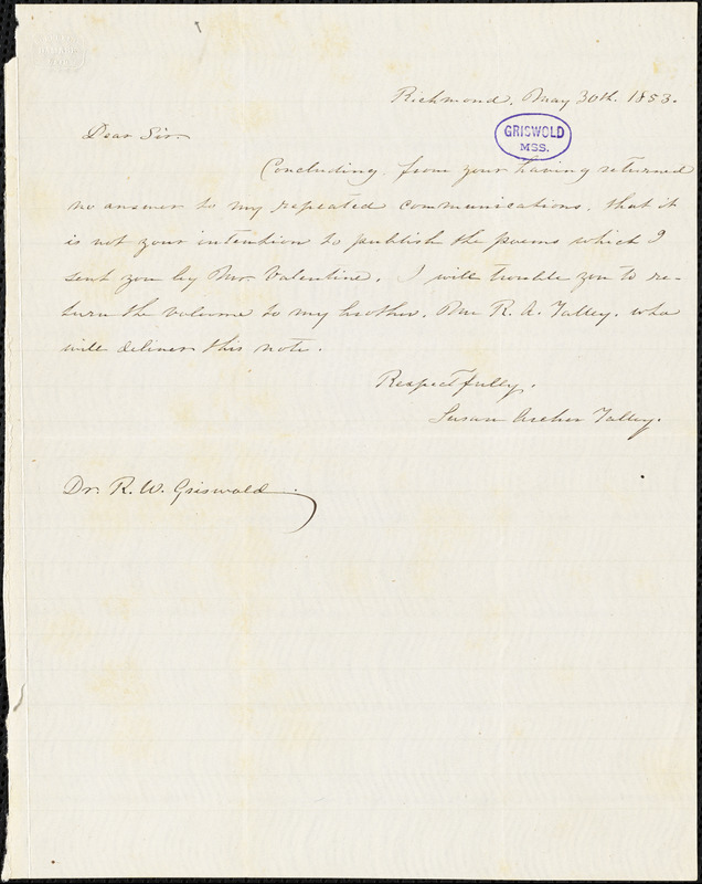 Susan Archer (Talley) Weiss, Richmond, VA., autograph note signed to R. W. Griswold, 30 May 1853