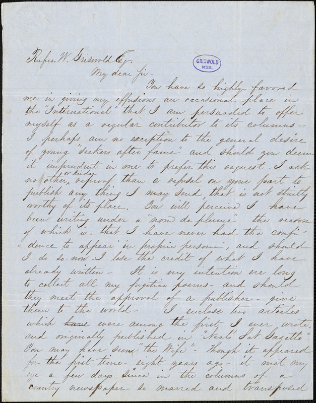 Henry Carner Wetmore, Fishkill Landing, (NY), autograph letter signed to R. W. Griswold, 9 September 1851