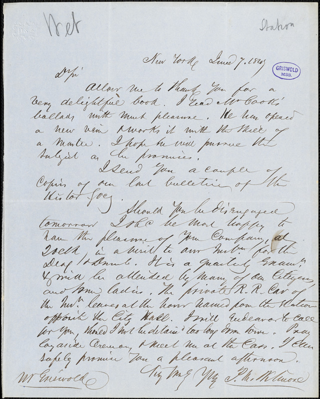 Prosper Montgomery Wetmore, New York, autograph letter signed to R. W. Griswold, 7 June 1847