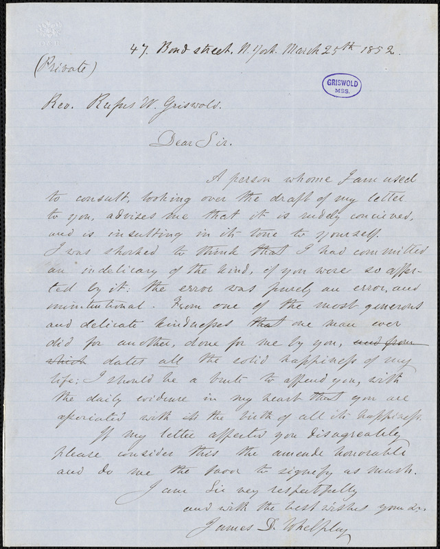 James Davenport Whelpley, New York, autograph letter signed to R. W. Griswold, 25 March 1852