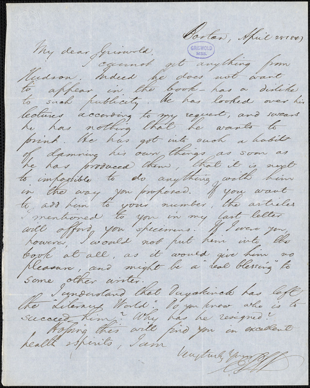 Edwin Percy Whipple, Boston, MA., autograph letter signed to R. W. Griswold, 28 April 1847