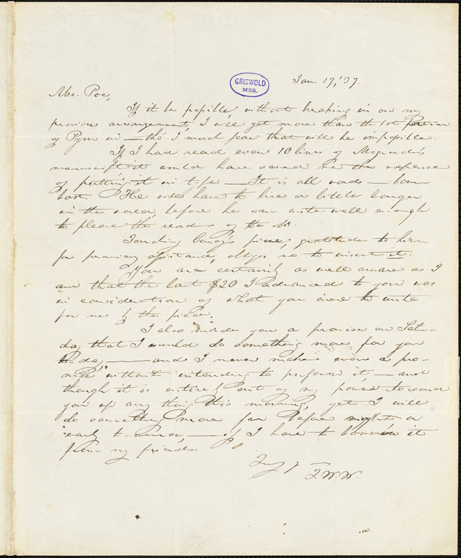 Thomas Willis White autograph letter signed to Edgar Allan Poe, 17 January 1837