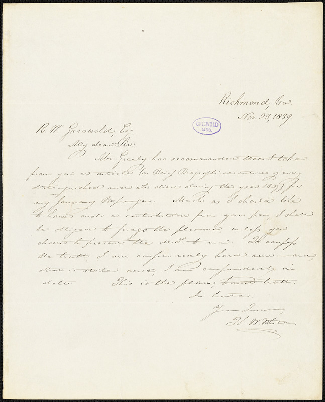 Thomas Willis White, Richmond, VA., autograph letter signed to R. W. Griswold, 23 November 1839