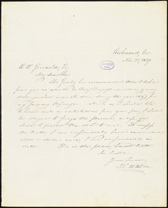Thomas Willis White, Richmond, VA., autograph letter signed to R. W. Griswold, 23 November 1839
