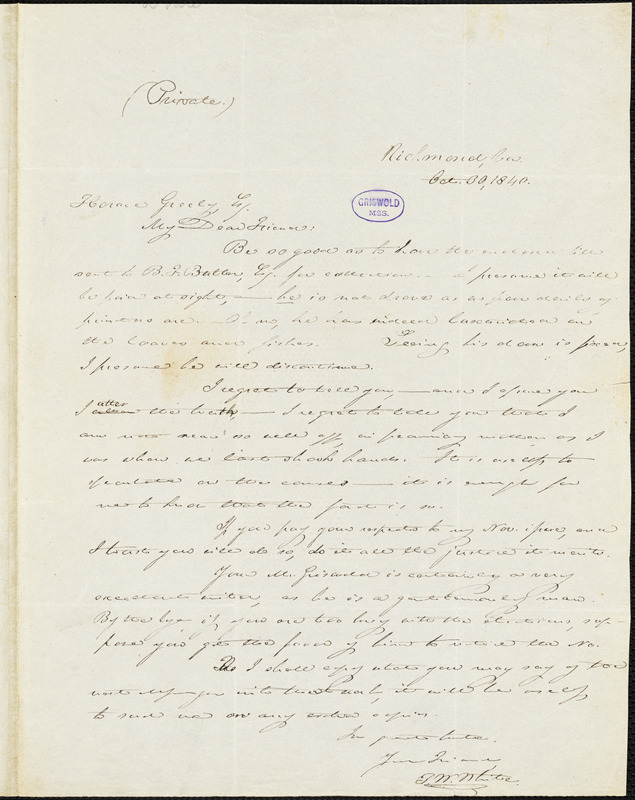 Thomas Willis White, Richmond, VA., autograph letter signed to Horace Greeley, 30 October 1840