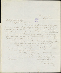 Thomas Willis White, Richmond, VA., autograph letter signed to R. W. Griswold, 4 August 1841