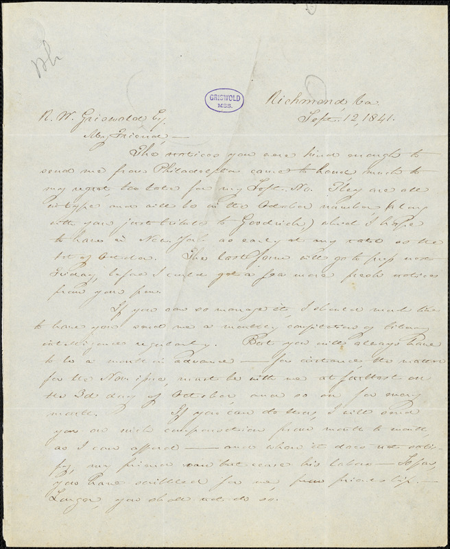 Thomas Willis White, Richmond, VA., autograph letter signed to R. W. Griswold, 12 September 1841
