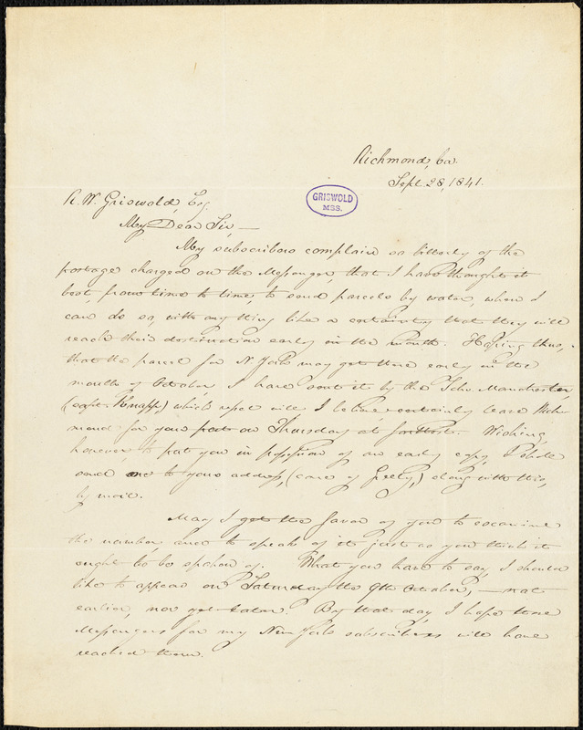 Thomas Willis White, Richmond, VA., autograph letter signed to R. W. Griswold, 28 September 1841