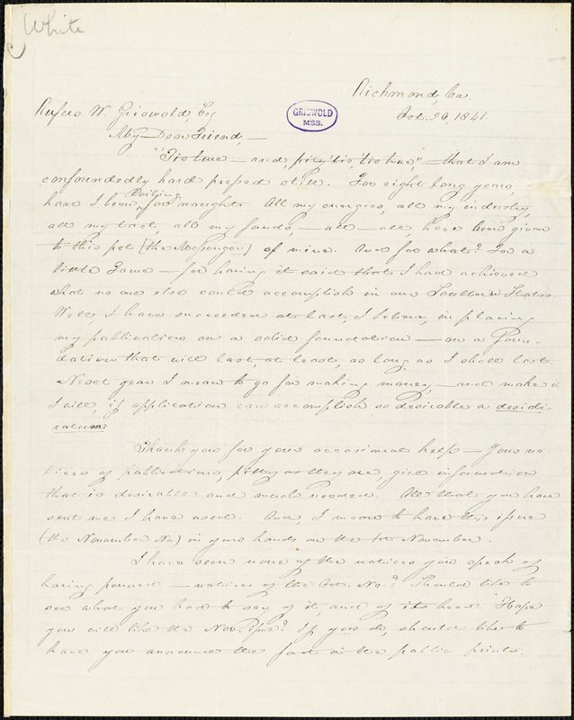 Thomas Willis White, Richmond, VA., autograph letter signed to R. W. Griswold, 20 October 1841