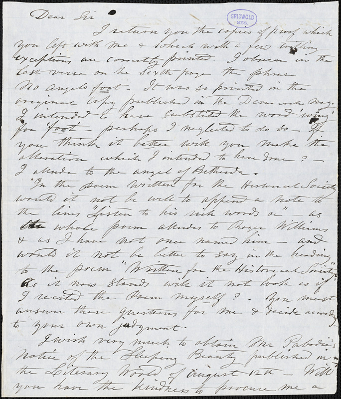 Sarah Helen (Power) Whitman autograph letter signed to [R. W. Griswold?], [1848]