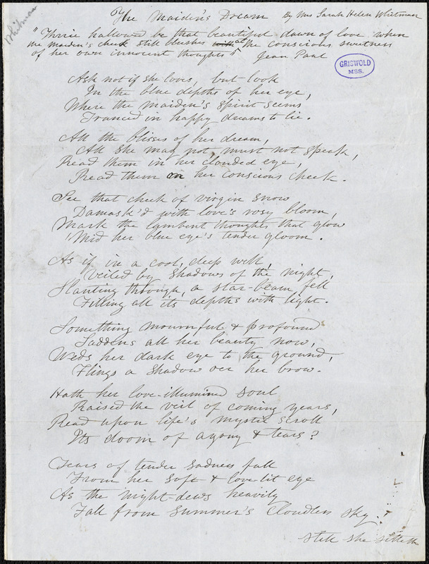 Sarah Helen (Power) Whitman manuscript poem, [c. 1848]: "The Maiden's Dream."