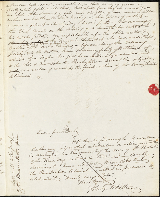 John Greenleaf Whittier autograph note signed to [Gamaliel] Bailey, 14 May [1847?]