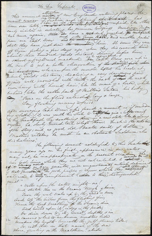 John Greenleaf Whittier manuscript articles, [after May, 1847]: "The Sea Serpent" and "Daniel O'Connell."