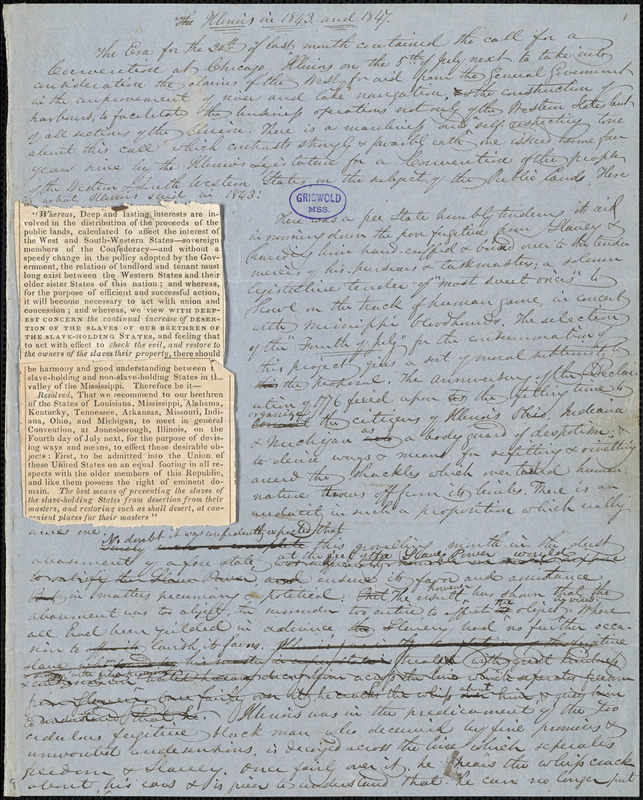John Greenleaf Whittier manuscript articles, [1847]: "Illinois in 1843 and 1847" "The Guerilla."