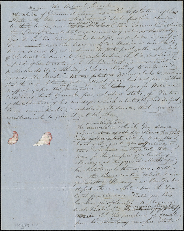John Greenleaf Whittier manuscript articles, [1847]: "Maine - The Wilmot Proviso" and "The Slave Orator."