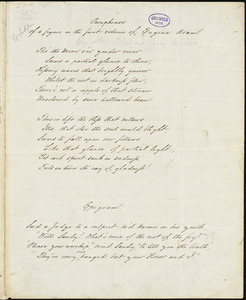 John W. Wilde manuscript poems: "Paraphrase of a Figure... in Eugene Aram," "Epigram," "Lines Written in Mrs. ---'s Album," "To L--r," "Lines Written in an Album," "On a Vignette," "Answer to Willis's 'They may talk of love,' " "The Age of Reptiles," and biographical information