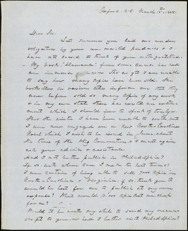 Calvin Henderson Wiley, Oxford, NC., autograph letter signed to R. W. Griswold, 15 March 1848
