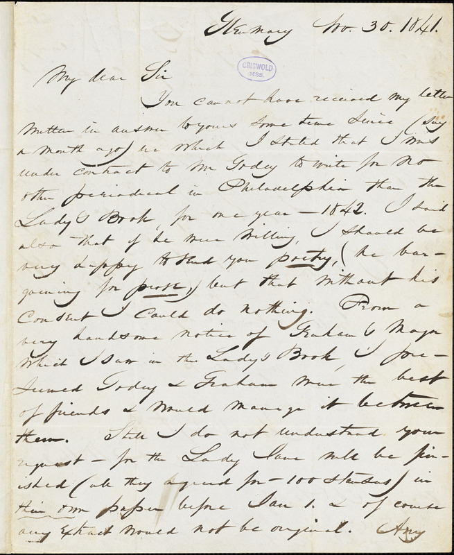 Nathaniel Parker Willis, Oswego, NY., autograph letter signed to Edgar Allan Poe, 30 November 1841