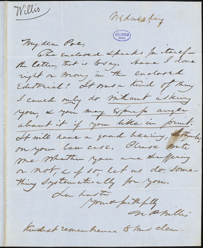 Nathaniel Parker Willis autograph letter signed to Edgar Allan Poe, [1846?]