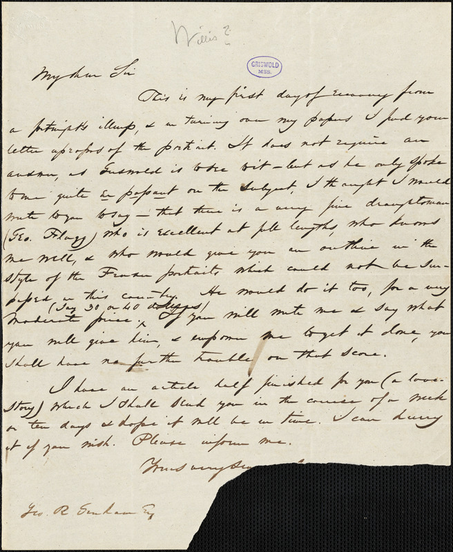 Nathaniel Parker Willis autograph letter signed to George R. Graham