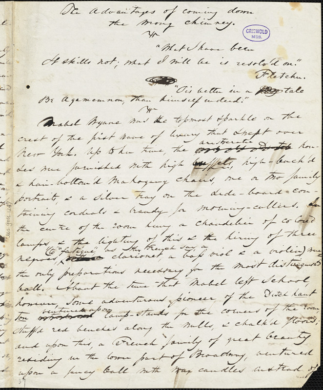 Nathaniel Parker Willis manuscript story, [1843?]: "The Adventures of Coming down the Wrong Chimney."