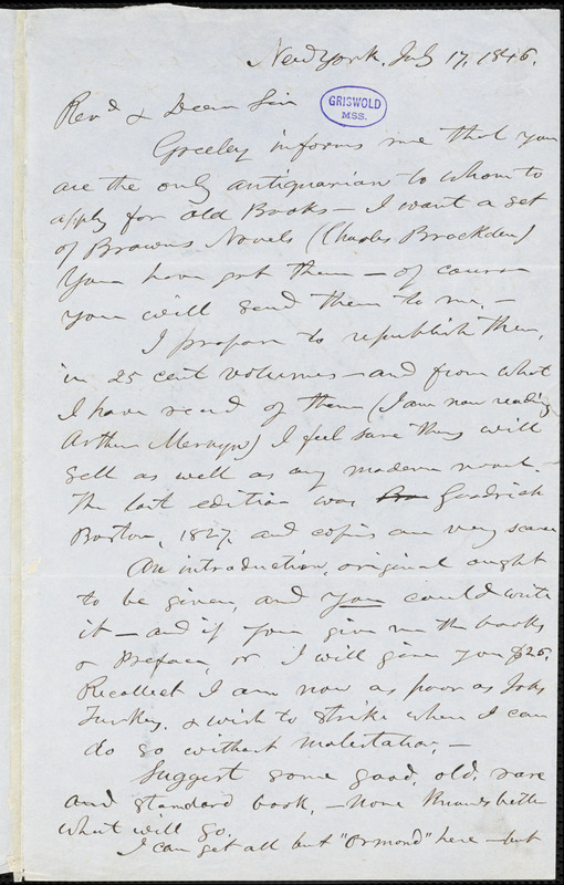 J[onas] Winchester, New York, autograph letter signed to [R. W. Griswold], 17 July 1845