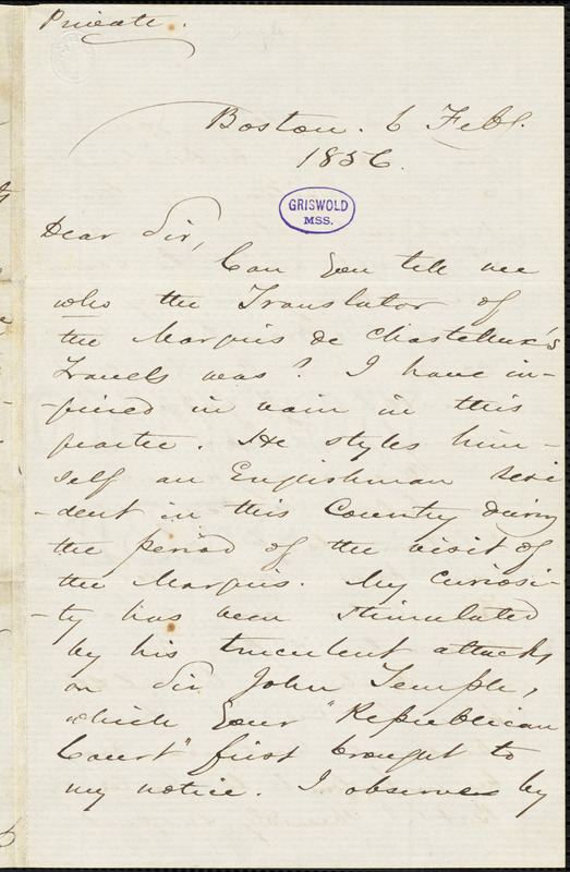 Robert Charles Winthrop, Boston, MA., autograph letter signed to R. W. Griswold, 6 February 1856