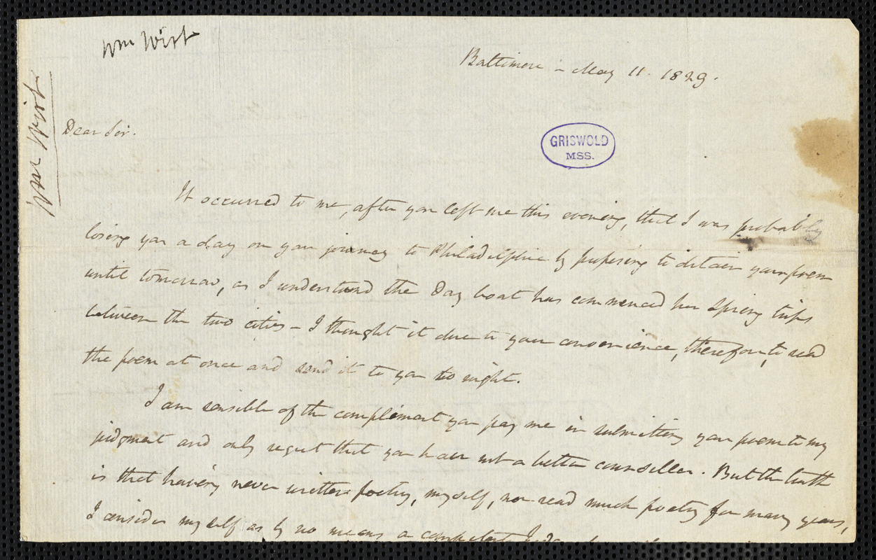 William Wirt, Baltimore, MD., autograph letter signed to [Edgar Allan Poe], 11 May 1829