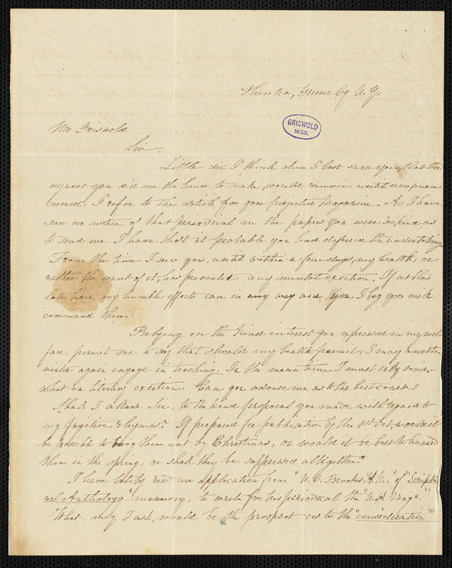 Abby Dwight Woodridge, Hunter, NY., autograph letter signed to R. W. Griswold