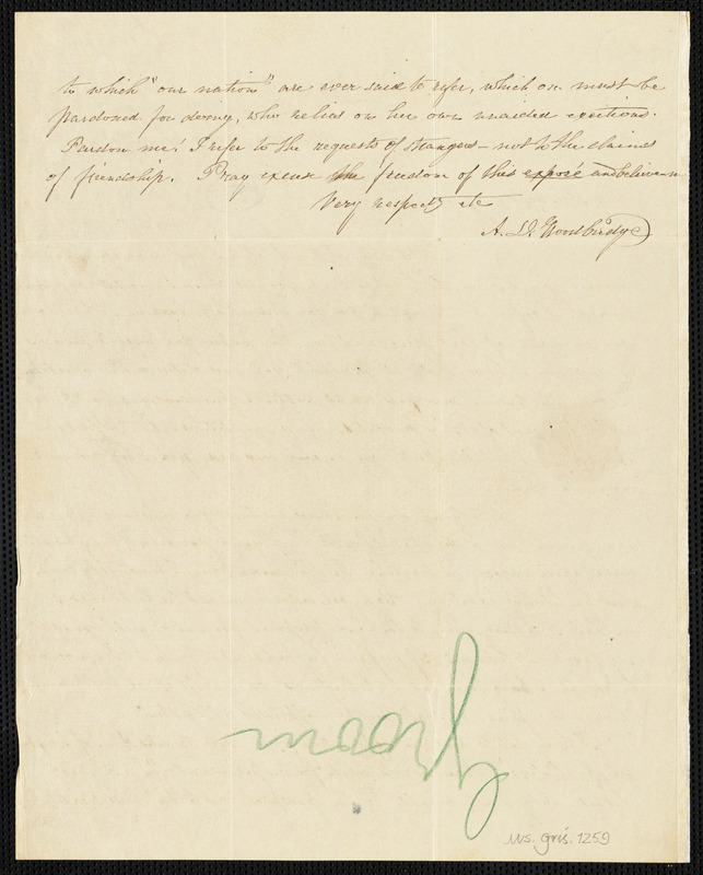 Abby Dwight Woodridge, Hunter, NY., autograph letter signed to R. W. Griswold