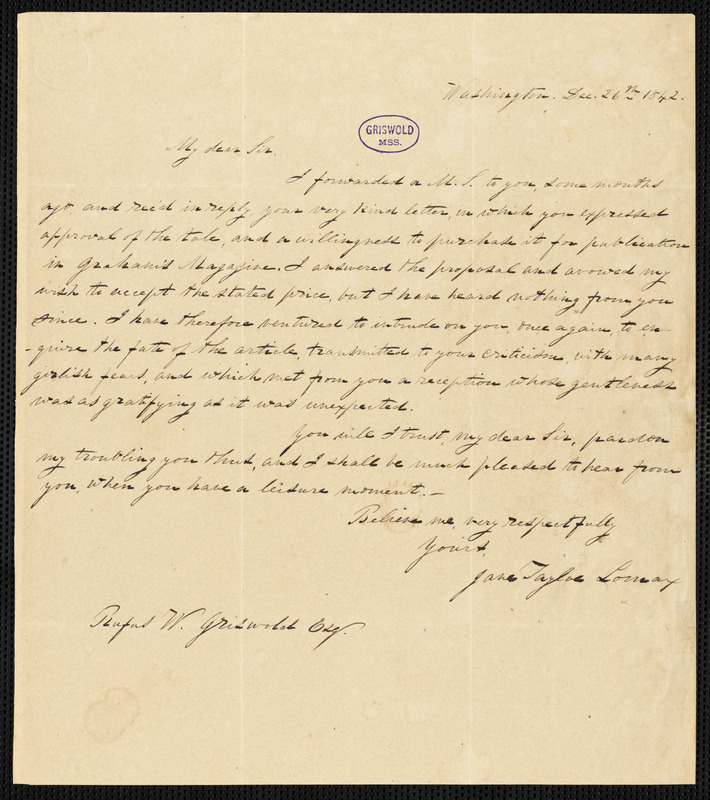 Jane Taylor (Lomax) Worthington, Washington, DC., autograph letter signed to R. W. Griswold, 26 December 1842