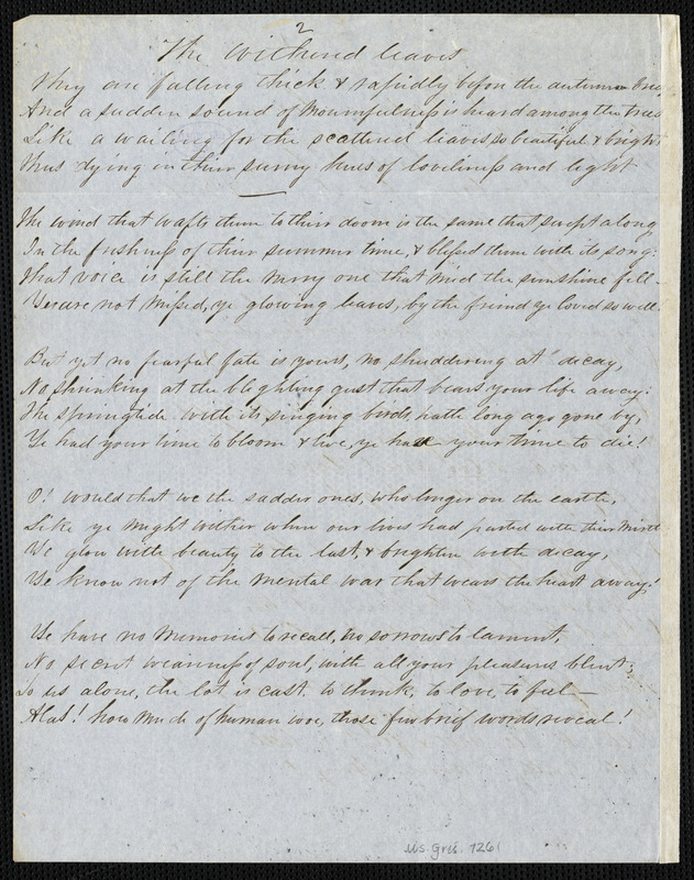Jane Tayloe (Lomax) Worthington manuscript poems: "A Modern Love" and "The Withered Leaves."