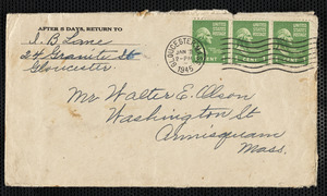 Letter from I. B Lane to Walter E. Allison, Washington Street, Annisquam with excerpt from Journal of Capt. Gideon Lane