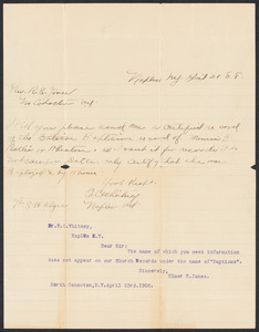 Sacco-Vanzetti Case Records, 1920-1928. Defense Papers. E.C. Whitney to Rev. R.E. Jones, April 1908. Box 11, Folder 6, Harvard Law School Library, Historical & Special Collections